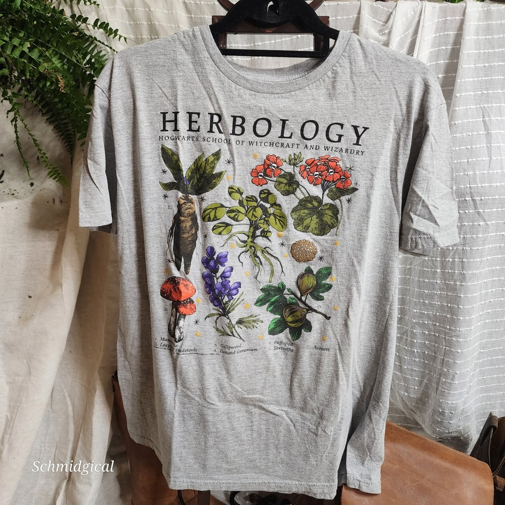 Harry Potter Herbology Hogwarts Graphic T-Shirt Gray Botanical Plants Large